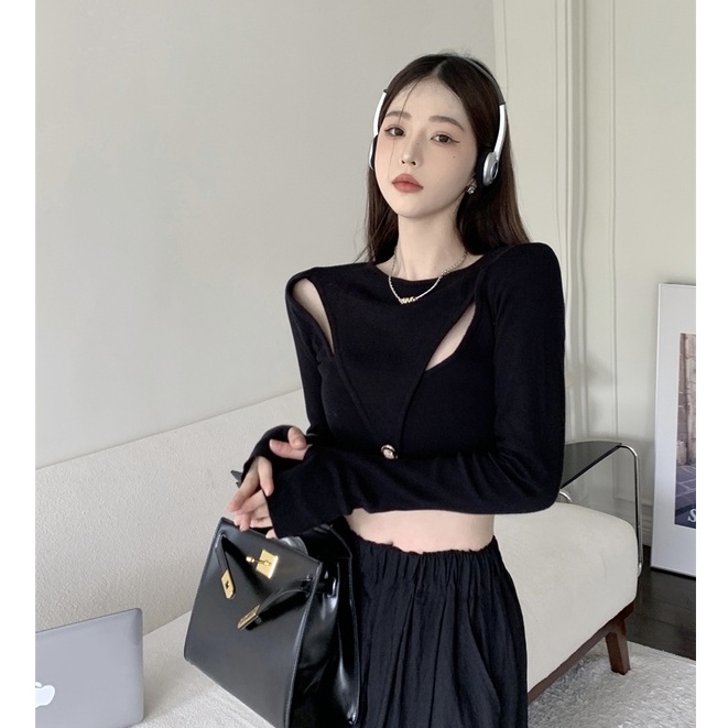 QKOOLE Áo croptop dệt kim  tay dài phong cách Hàn Quốc cho nữ