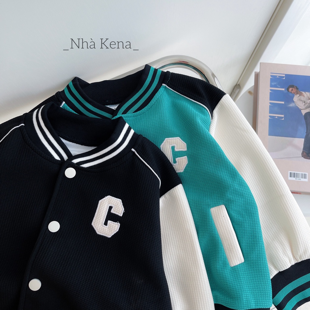 Áo khoác bomber tổ ong thêu chữ cho bé cho bé 9-30kg