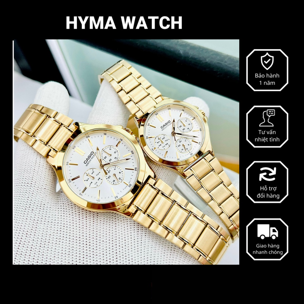 Đồng hồ nam nữ mạ vàng Casio V300G-7A Dây thép mặt trắng 6 kim Bảo hành 1 năm Hyma watch