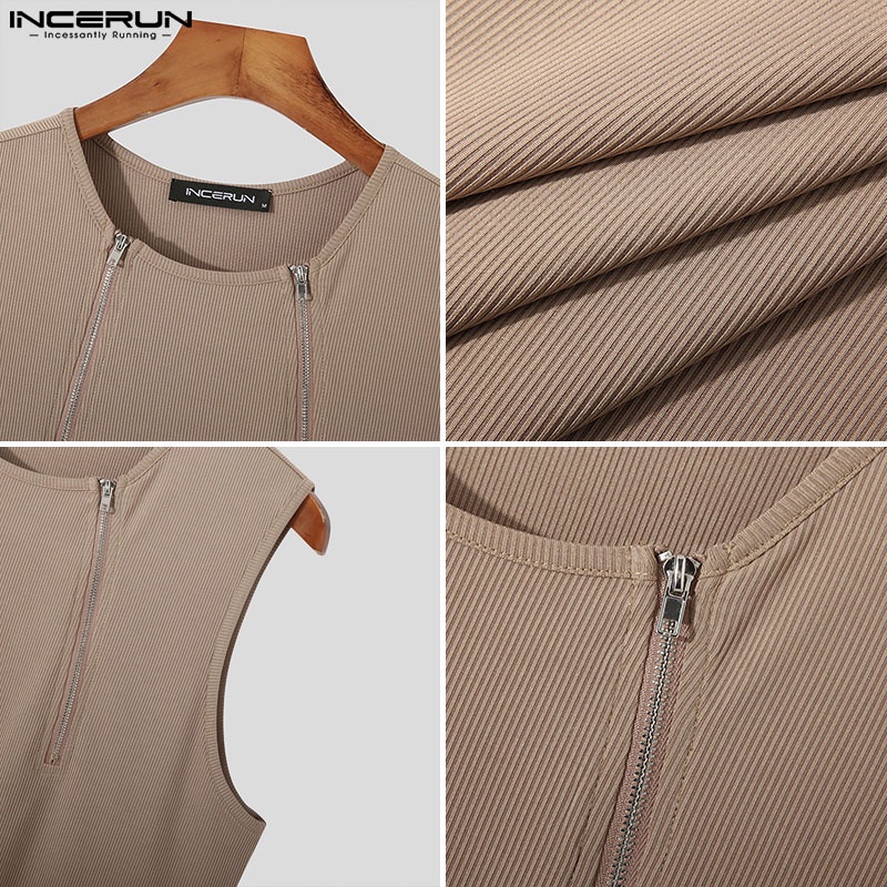 Áo ba lỗ dệt kim INCERUN màu trơn có khóa kéo thời trang mùa hè cho nam