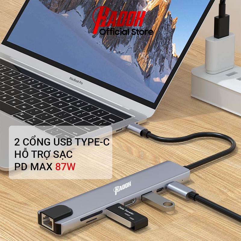 Hub chuyển đổi Type C 8in1 sang USB 3.0 OTG - HDMI - LAN - TypeC PD - Cổng chuyển Type-C cho Macbook, Laptop, Điện thoại