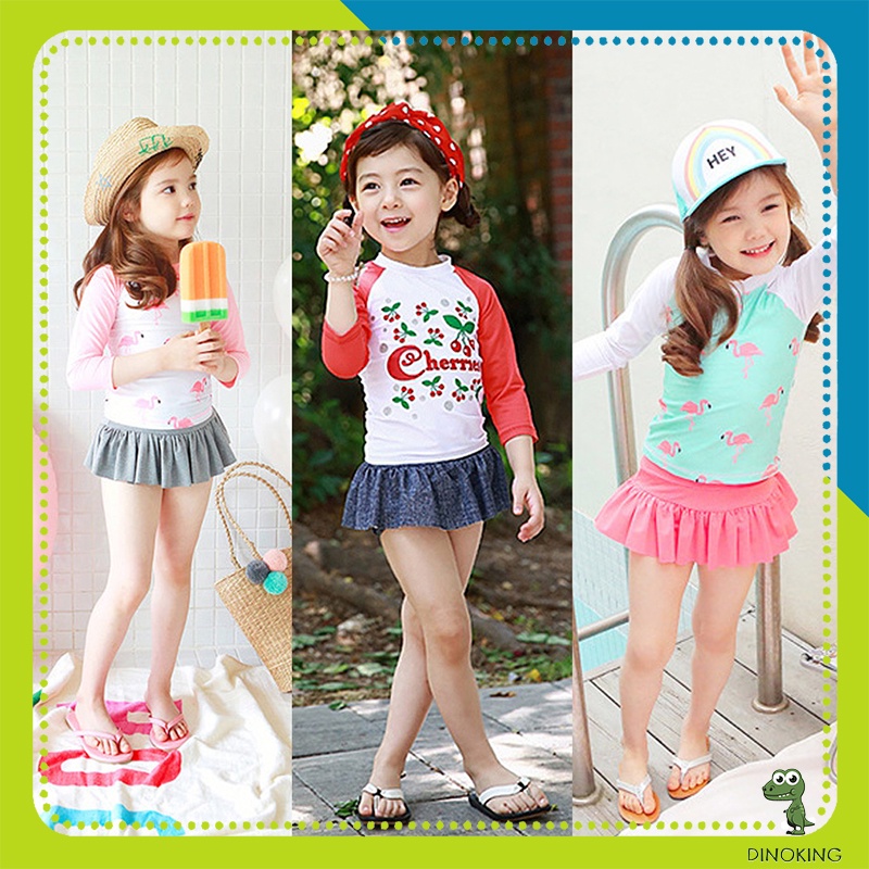 Đồ bơi bé gái DINOKING Bộ bơi 2 mảnh váy áo dài tay cho bé gái đi tắm biển hoạ tiết dễ thương cho trẻ em 2 - 8 tuổi DB13