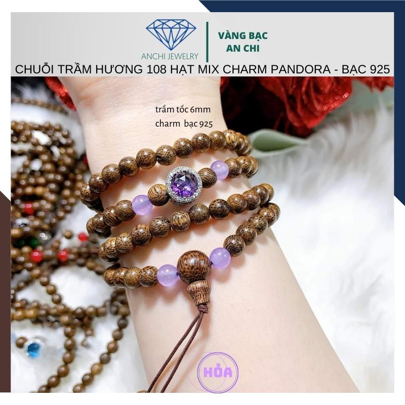 Vòng tay trầm hương charm bạc pandora đính đá trắng / xanh / đỏ / vàng / tím - Anchi jewelry