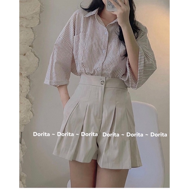 Áo sơ mi kẻ sọc vải đũi xốp tay lửng, Áo sơ mi basic Hàn Quốc - Dorita Boutique