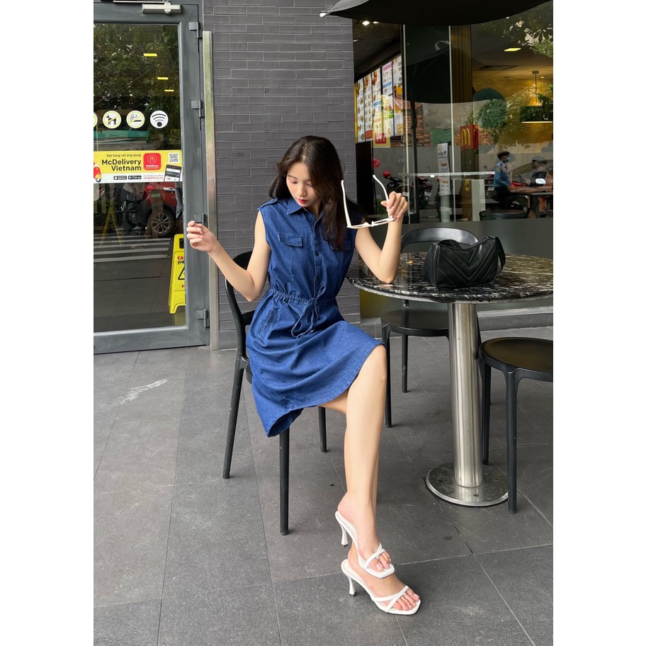 Váy denim dáng dài cổ sơ mi phong cách Hàn Quốc