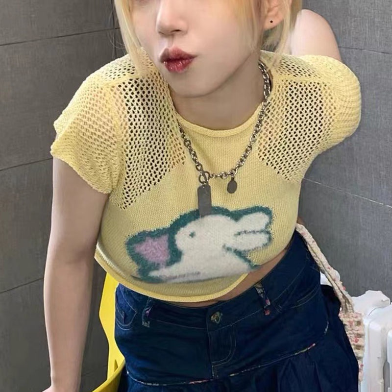 ☒❒☞Áo Dệt Kim In Hình Thỏ Và Hoa Phong Cách Retro Mỹ Thời Trang Mùa Hè 2022 Cho Nữ