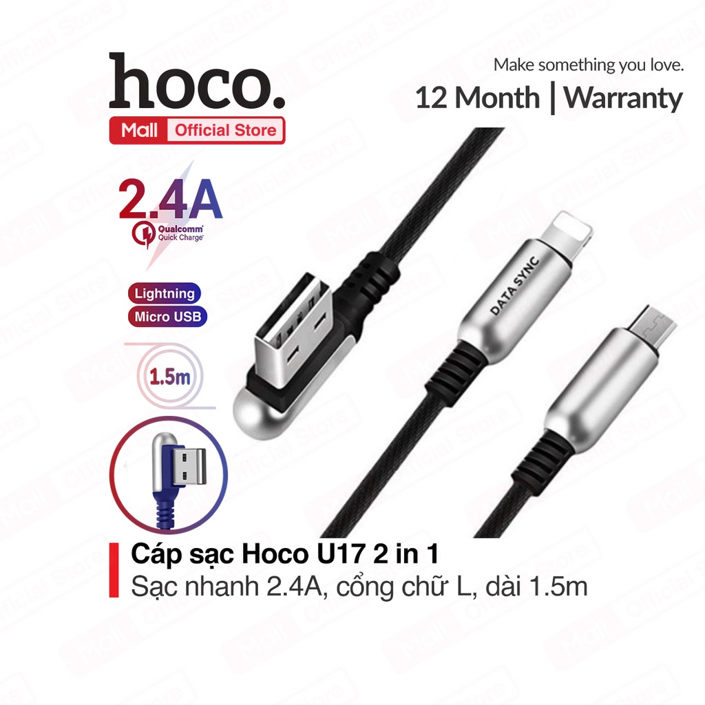 Cáp sạc Hoco U17 2 in 1 ( Lightning + Micro ) sạc nhanh 2.4A đầu USB chữ L chống gẫy, dây bện dù chống gập, dài 1.5m