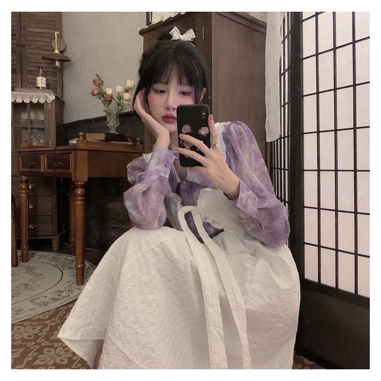 Set Áo Sơ Mi Nhuộm Màu Tím Nho Phối Chân Váy Yếm Hai Mặt Phong Cách Retro Thời Trang Mùa Hè