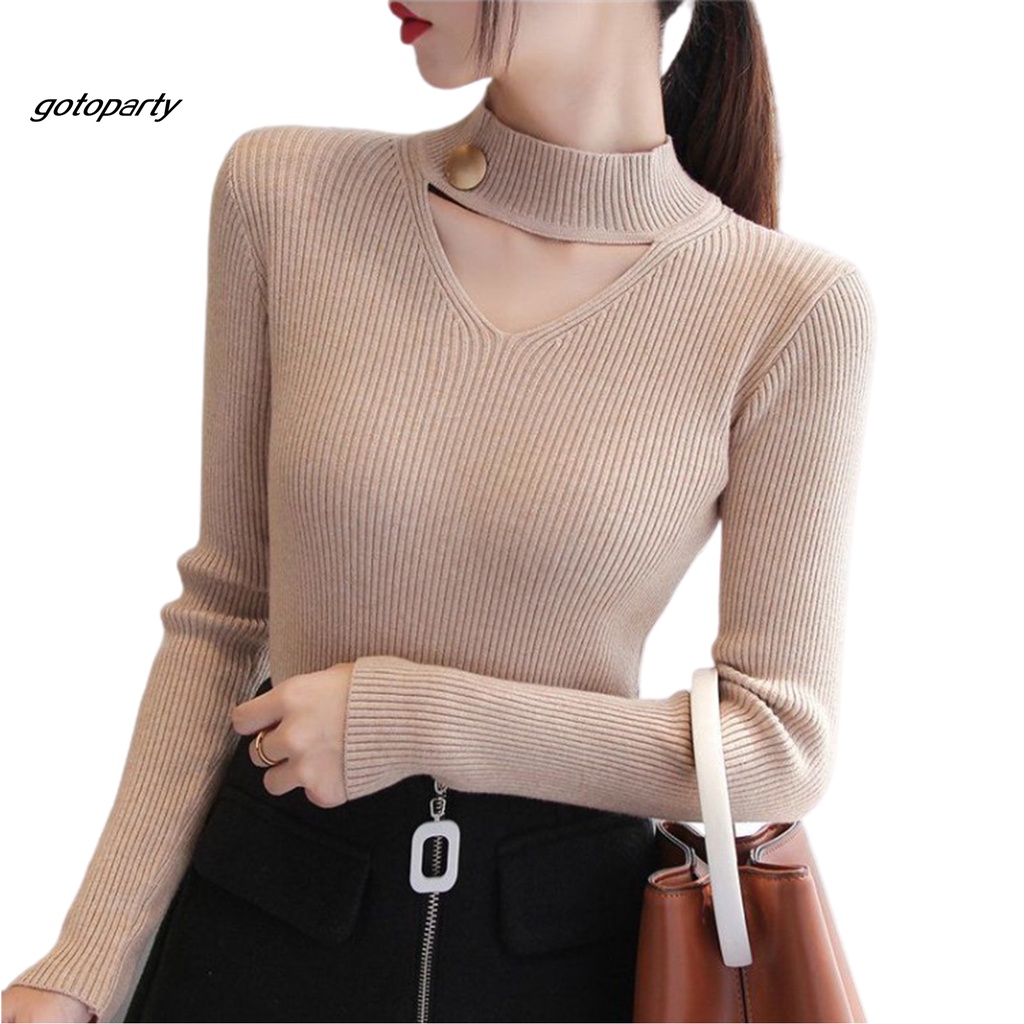 Áo dệt kim tay dài dáng ôm cài nút phối vòng cổ choker thời trang cho nữ | BigBuy360 - bigbuy360.vn