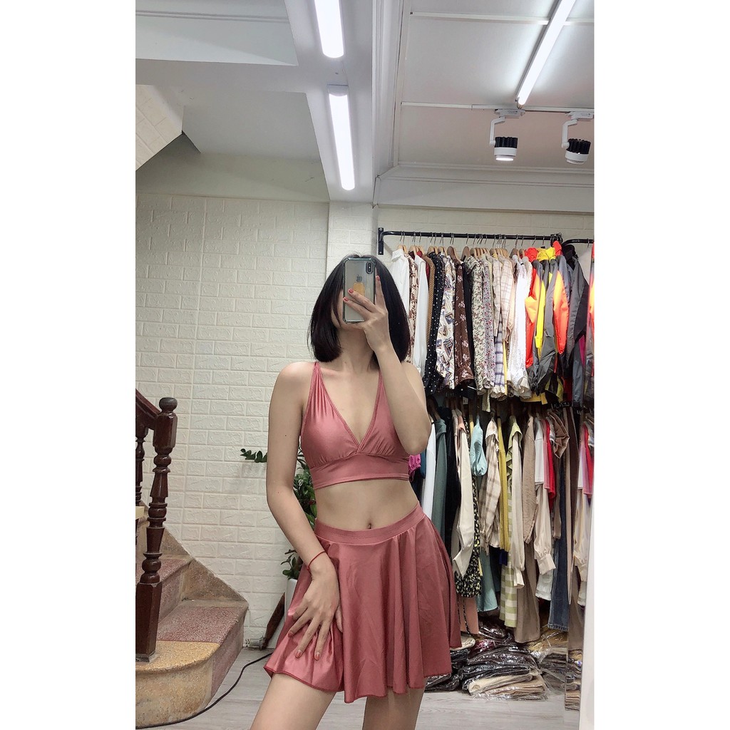 Bikini hai mảnh hồng ruốt dáng váy nữ tính mặc đi biển đi bơi đẹp ( Hàng loại 1)