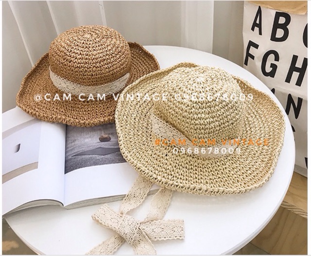 Mũ cói đi biển thắt nơ mềm Vintage