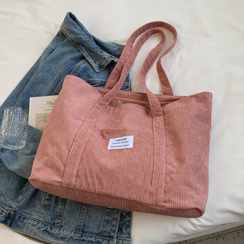 Túi Tote Đeo Vai Vải Nhung Kẻ Có Khóa Kéo Sức Chứa Lớn Phong Cách Vintage