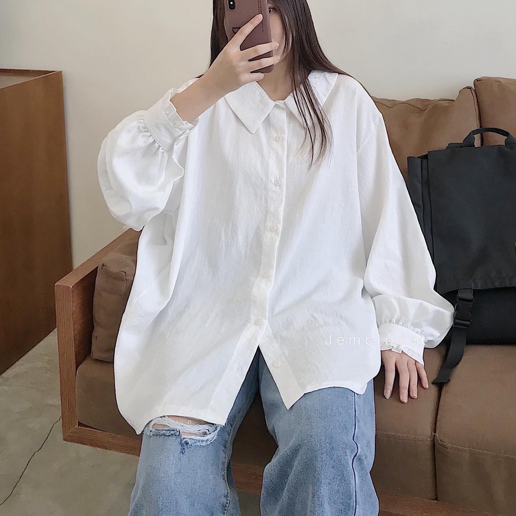 Áo Sơ Mi Nữ Kiểu Dài Tay Sơ Mi Trắng Nữ Bánh Bèo Tiểu Thư Tay Phồng Cổ Tròn Form Rộng Trơn Basic OURI 1660 Gous Official