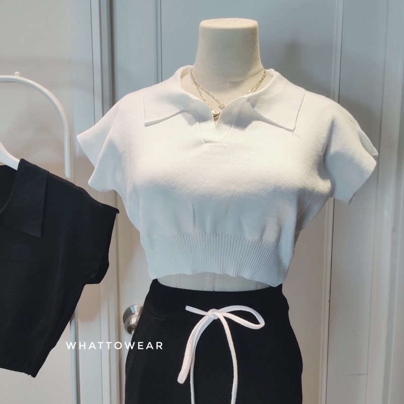 Áo croptop len mỏng cổ polo tay dơi