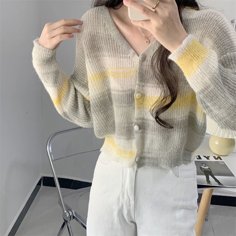 Áo Khoác Cardigan Dệt Kim Mỏng Tay Dài Dáng Ngắn Họa Tiết Kẻ Sọc Màu Xanh Lá Thời Trang Cho