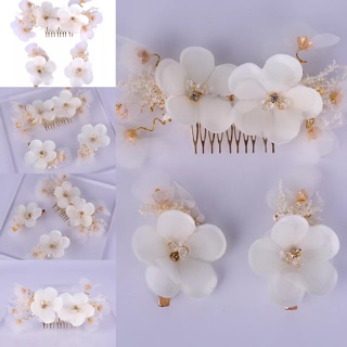 Bộ hoa cài tóc cô dâu 3 món màu trắng - phụ kiện cưới Giang