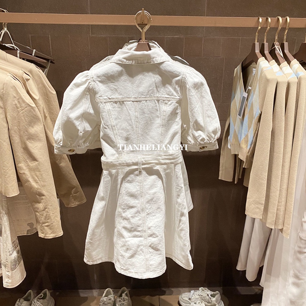 Đầm 2022 mùa hè tôn eo tay bo phồng denim trắng thời trang nữ thiết kế cổ bẻ