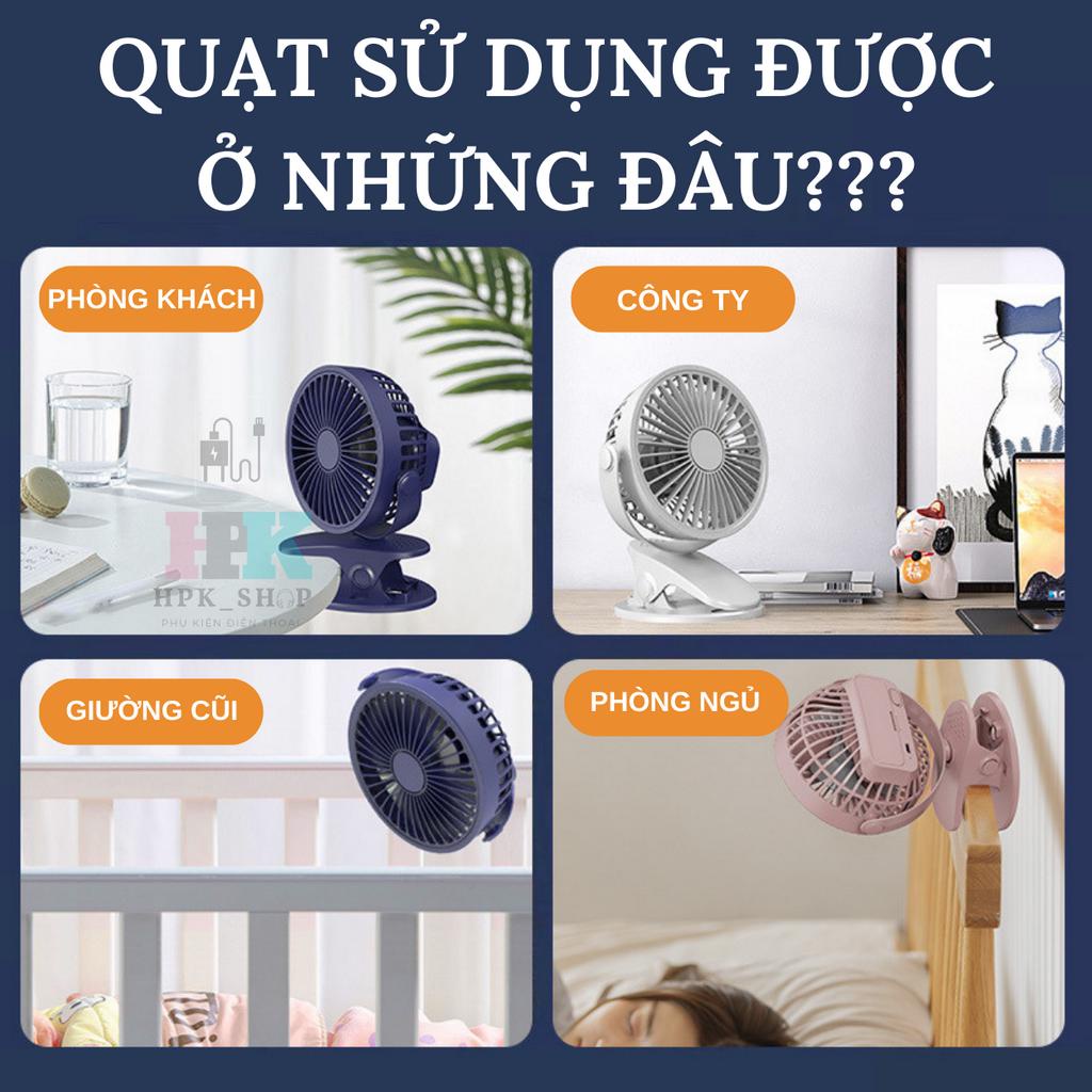 Quạt mini kẹp bàn, Quạt kẹp bàn xoay 360 độ Pin Tích Điện Chân Kẹp Bàn, Kẹp Xe Đẩy - Pin sạc, 3 cấp độ