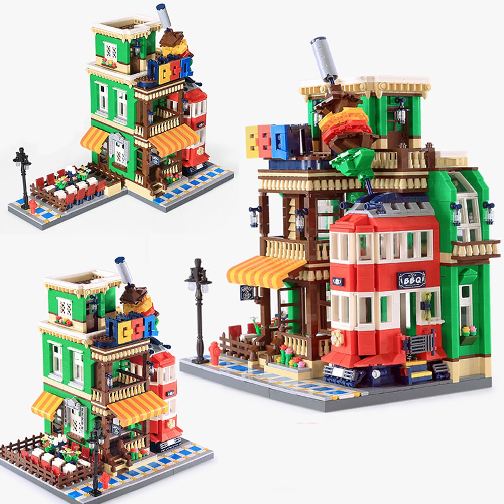 Lắp ghép Mô hình Wange City Architecture Coffee Auto Repair Shop BBQ DIY Small Particle Quán cà phê Cửa hàng sửa chữ