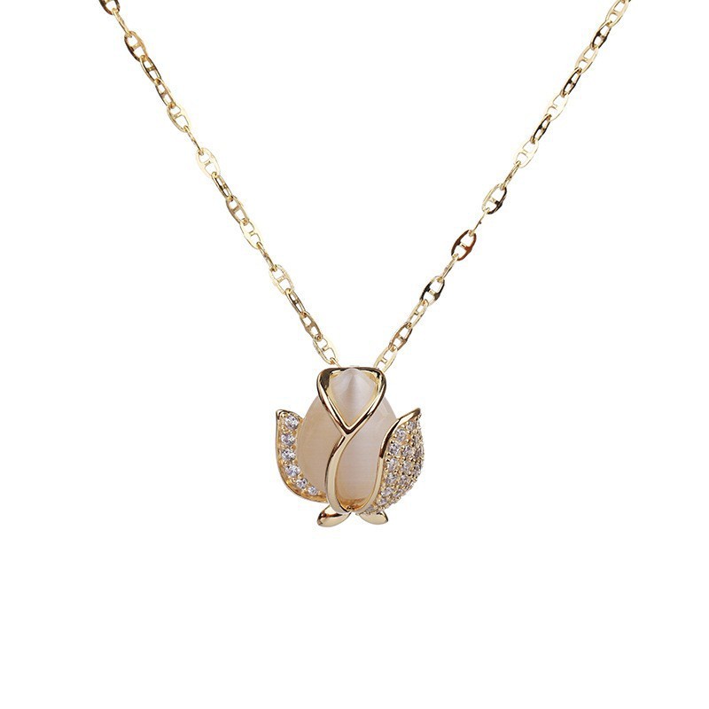 Vòng cổ Mặt Hình Hoa tulip Mắt Mèo Đính Đá zircon Thời Trang Thanh Lịch Cho Nữ