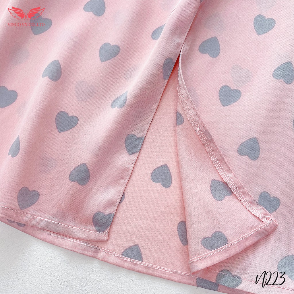 VINGO Váy Ngủ Hai Dây Nữ Lụa Hàn Liền Thân Xẻ Tà Một Bên Họa Tiết Tim Cao Cấp N223 VNGO | BigBuy360 - bigbuy360.vn