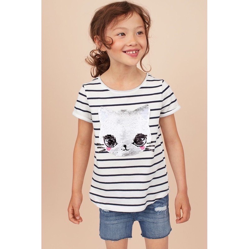 Áo phông/cộc bé gái kim sa lật thỏ/mèo/elsa