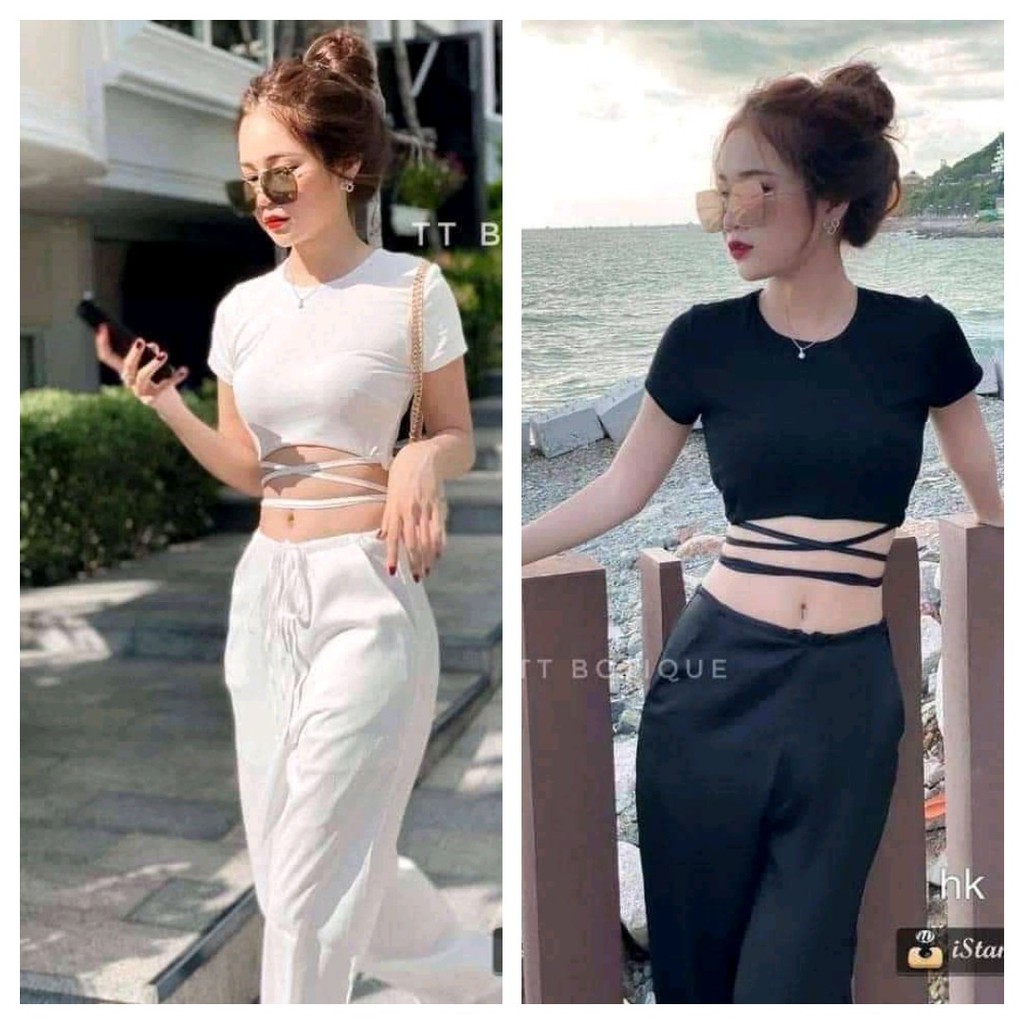 [Mã FAMARAL2 giảm 10K đơn 50K] Áo croptop nữ kiểu ôm tay ngắn cổ tròn thun body buộc dây bigsize CAMA STORE M278