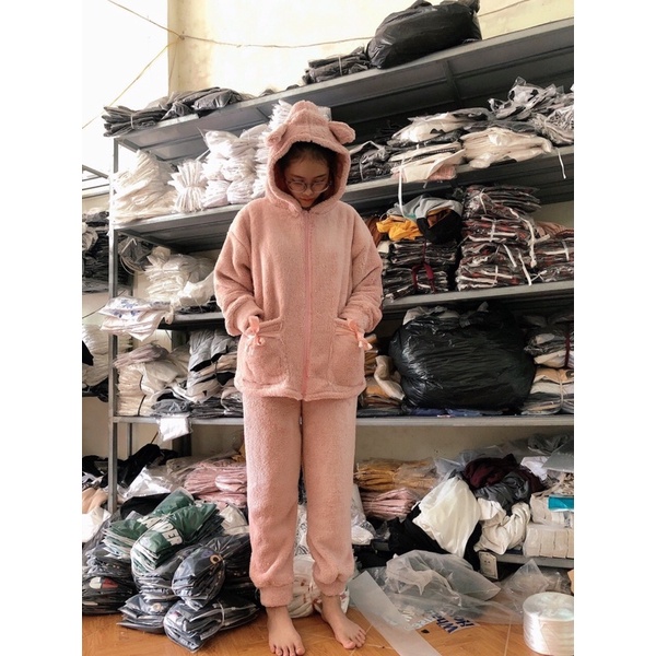 Bộ ngủ nữ lông Nơ Túi Tai Gấuchất lông mịn, ấm áp, giữ nhiệt tốtbộ thu đông mặc nhà☘️Hàng loại 1☘️2 lớpUnisex &lt;50kg