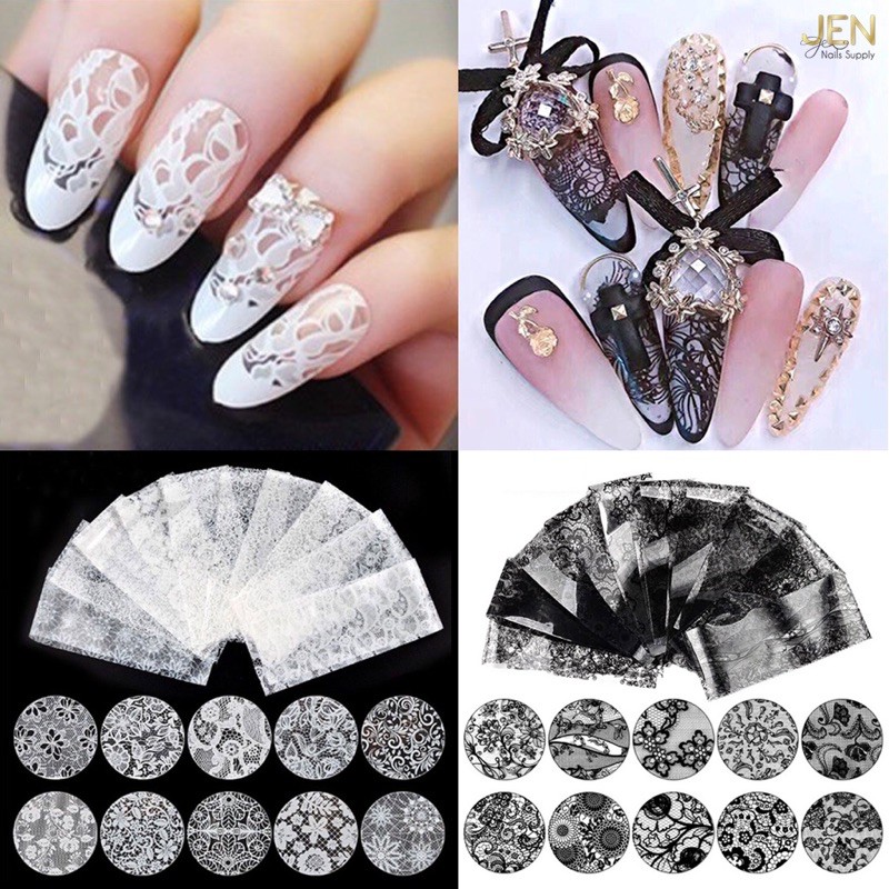 Foil dán móng ren trắng đen 10 tấm