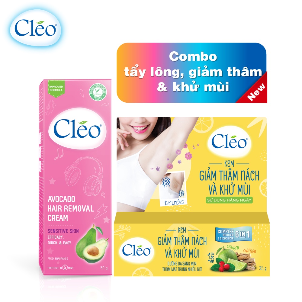 Combo Kem giảm thâm nách &amp; khử mùi Cléo 35g và Kem tẩy lông cho da nhạy cảm Cléo 50g