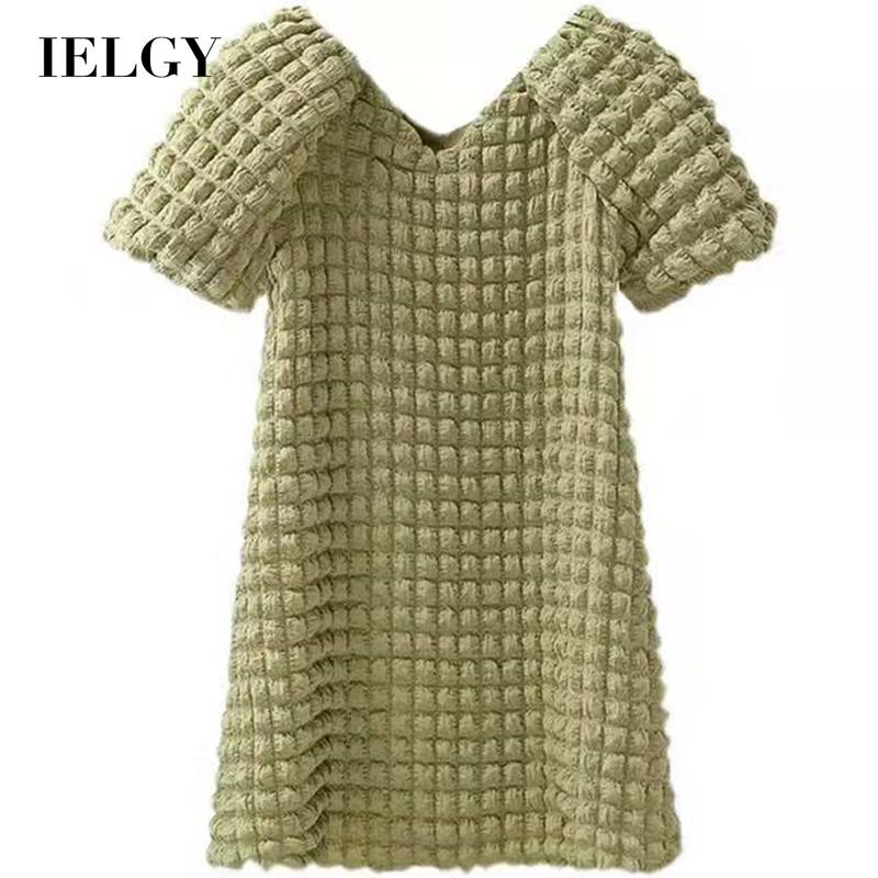 IELGY Đầm Tay Phồng Họa Tiết Sọc Caro Thời Trang Mùa Hè