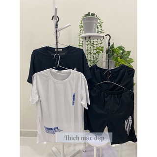 Bộ quần áo nam thể thao form rộng họa tiết chữ đơn giản hàn quốc màu trắng đen 09