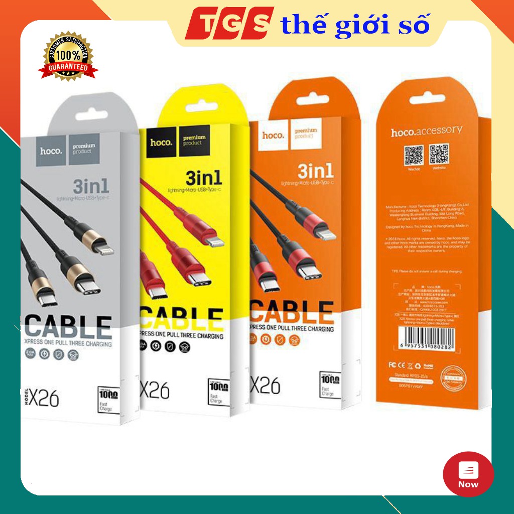 Cáp sạc 3 đầu HOCO X26 dài 1m - có sẵn 3 đầu tiện lợi Lightning - Micro - Type C sạc nhanh dây dù chống đứt gãy - BHT