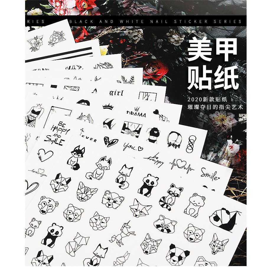 [Hàng mới về] Nhãn dán trang trí móng tay màu đen trắng 3D phong cách châu Âu dễ sử dụng