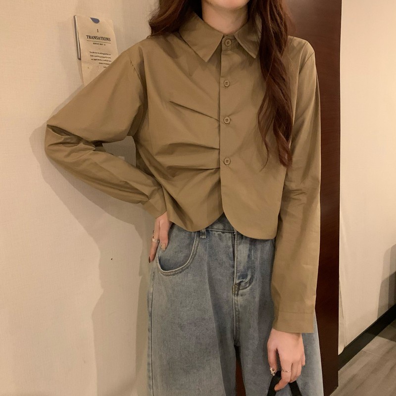 QADCOL Áo Kiểu Tay Dài Thiết Kế Xếp Ly Phong Cách Hàn Quốc