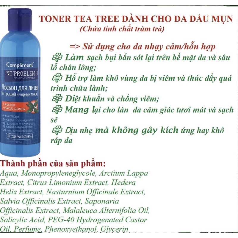 Toner da dầu mụn NO PROBLEM compliment chứa BHA Salicylic Acid, Tea tree 200ml