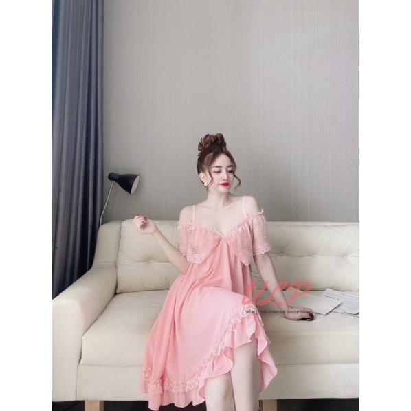 [BIGSIZE_85KG]_DN60_Váy Chiffon bẹt vai phối ren