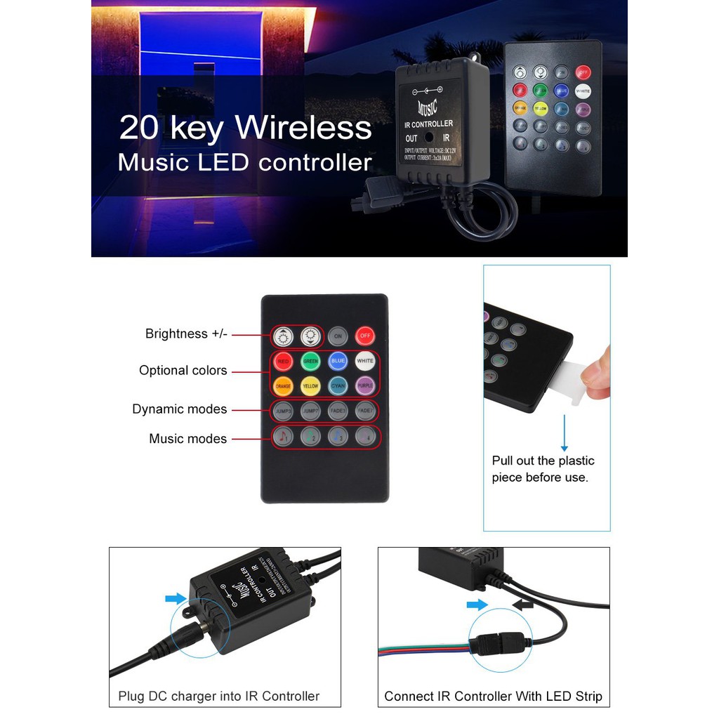 Bộ điều khiển led dây 5m RGB cảm ứng nhảy theo nhạc - Led music controller-C9