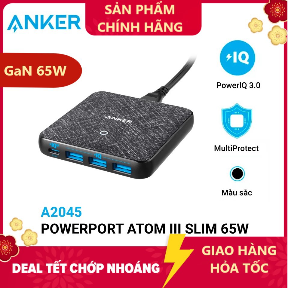 [ ANKER VN ] Sạc ANKER 4 cổng PowerPort Atom III Slim 65w PIQ 3.0&amp;GaN - Anker GaN A2045 - Slim A2045