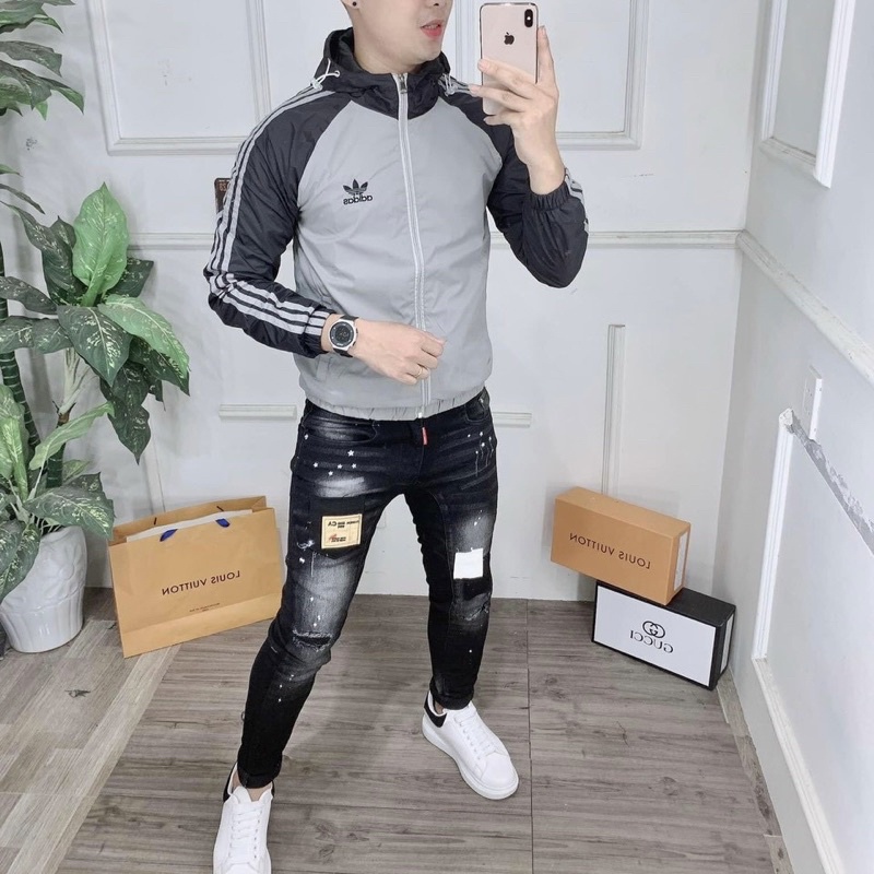 Áo khoác gió nam nữ ads phối viền 3 kẻ sọc 2 lớp dầy dặn