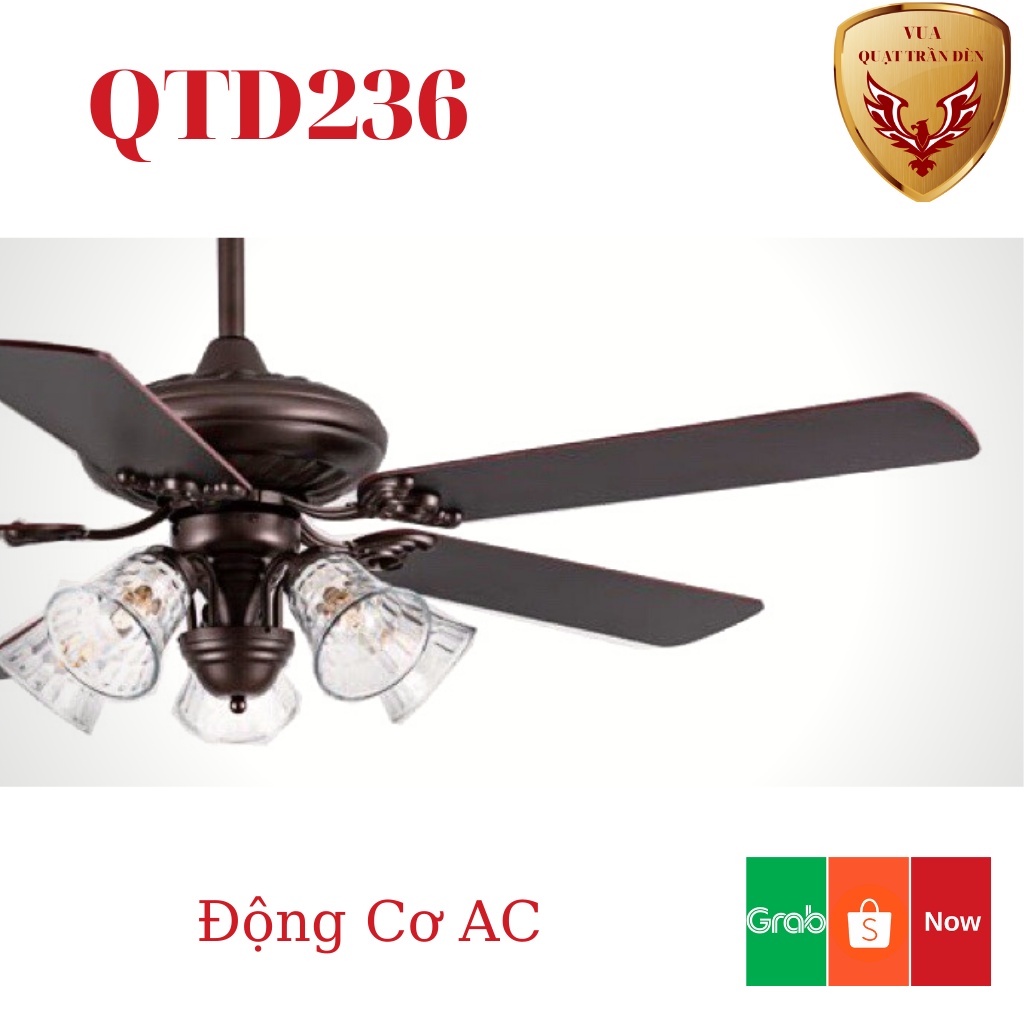 Quạt Trần Cánh Gỗ 5 Bóng  QTD236, Quạt Trân Có Đèn Trang Trí Phòng Khách, Động Cơ AC