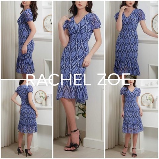[HÀNG MỸ] Đầm RACHEL ZOE voan lụa cổ V tay ngắn phồng tà viền bèo hoạ tiết lập thể xanh dương, đỏ cam