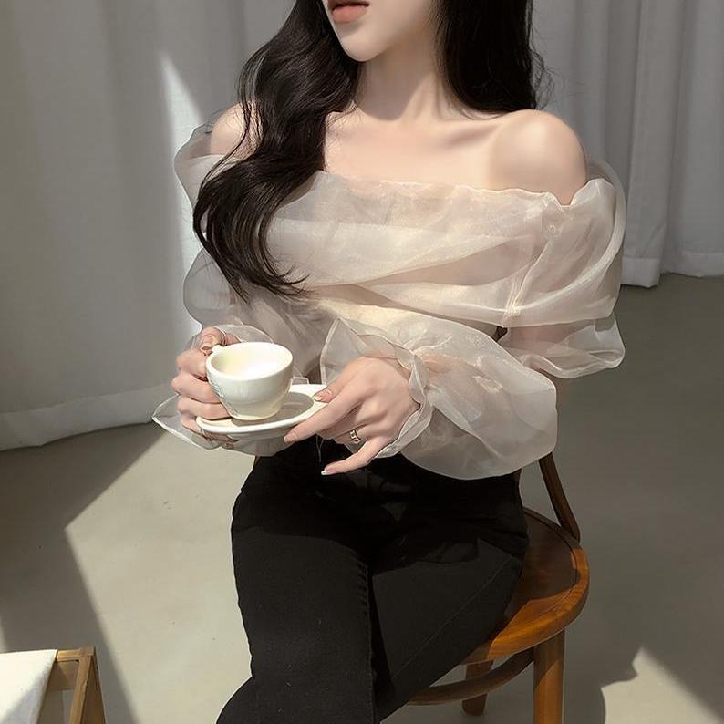 Áo Sơ Mi Chiffon Mỏng Tay Dài Cổ Trễ Vai Chống Nắng Phong Cách Thanh Lịch Dành Cho Nữ