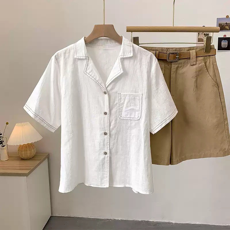 Áo Sơ Mi Nữ Thô Đũi Viền Cổ, Vest Cộc Tay Viền Chỉ Túi Trước Thoáng Mát