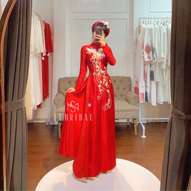 ÁO DÀI GẤM CÔ DÂU , VẢI GẤM CAO CẤP, HỌA TIẾT THÊU , CHUẨN PHOM | AODAINGUYENLAM