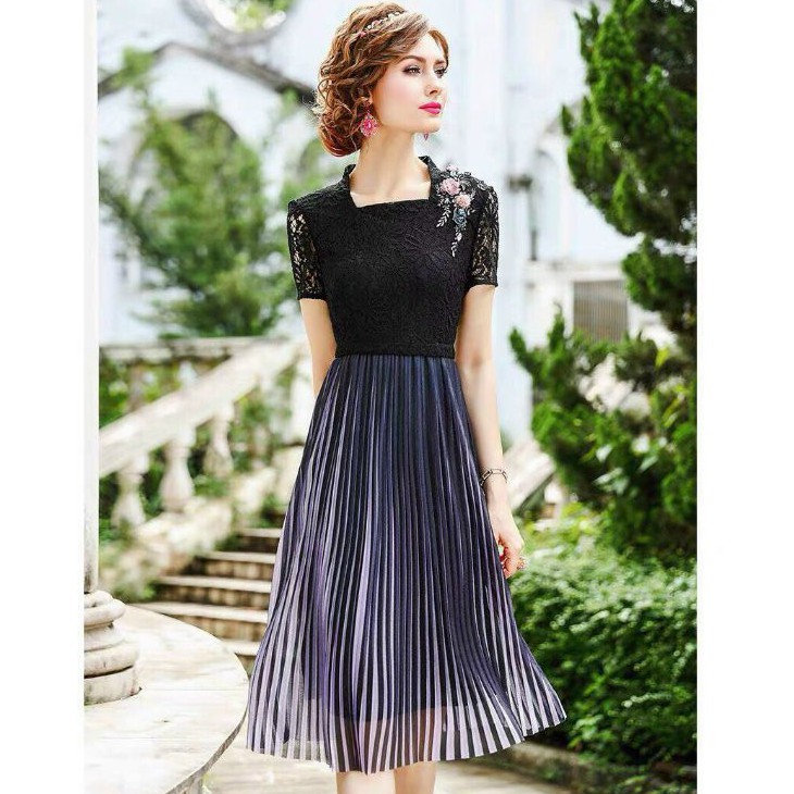 HÀNG NHẬP - ĐẦM XÒE REN PHỐI CHÂN VÁY LƯỚI VAI HOA KẾT HẠT