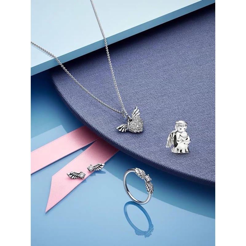 charm pan treo đôi cánh tim đính đá bạc s925 cao cấp