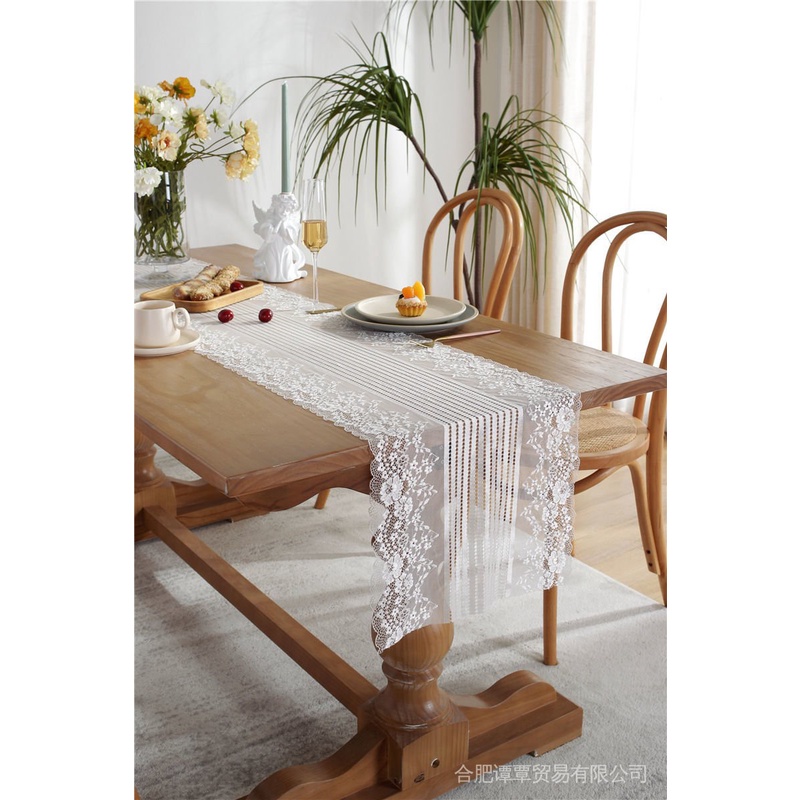 Khăn Trải Bàn Vải Ren Thêu Hoa Màu Trắng Đen Phong Cách Pháp Sang Trọng L7H9