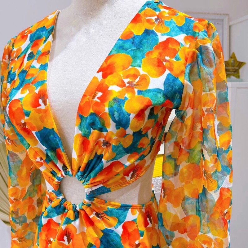 Bikini nữ đi biển hoạ tiết hoa cam trendy 2023