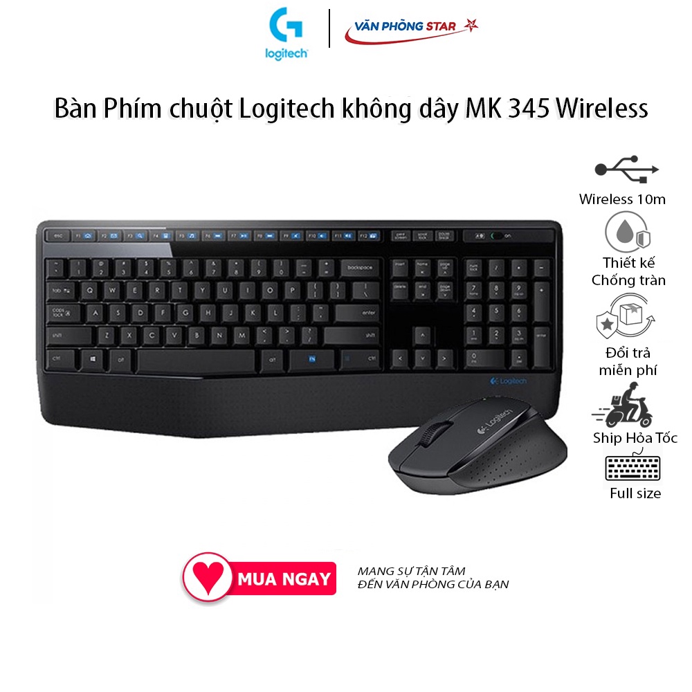 Bàn Phím chuột Logitech không dây MK345 kết nối không dây wireless. Kích thước bàn phím Full size, chuột quang 100 DPI